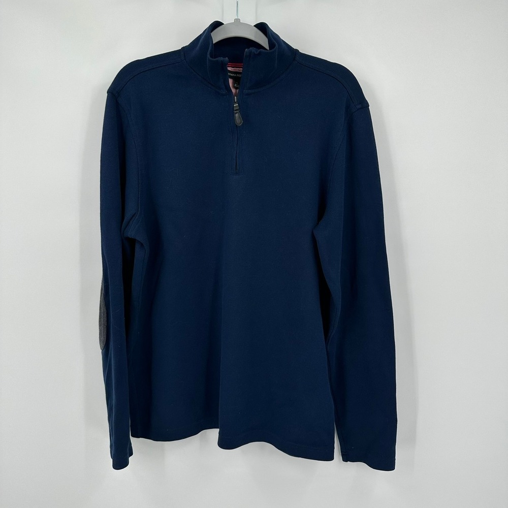 Banana Republic Mens Preppy Quarter Zip Sweater Size L Elbow Patches Cotton Navy